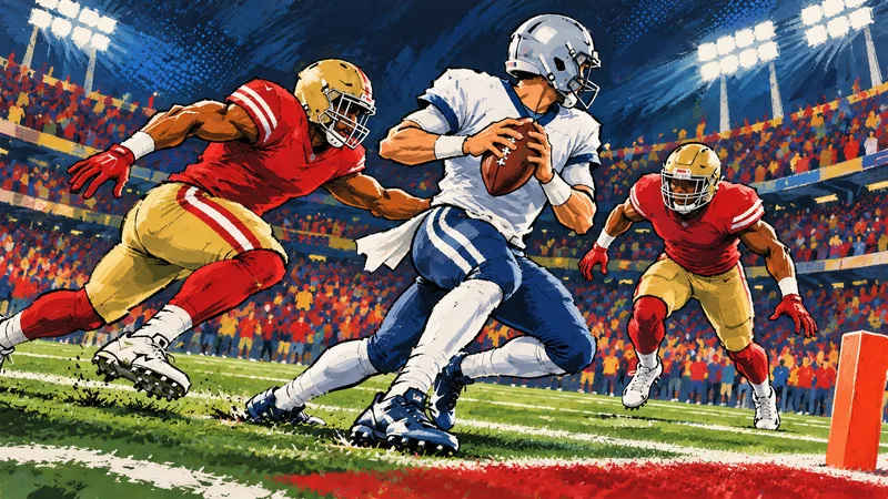 Generic red-and-gold defenders close in on a quarterback during a night football game.