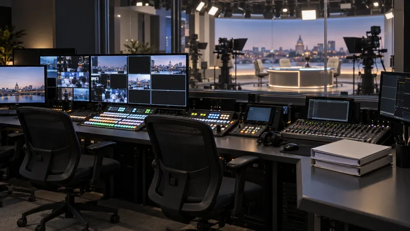 An empty broadcast control room with video consoles facing a studio set.