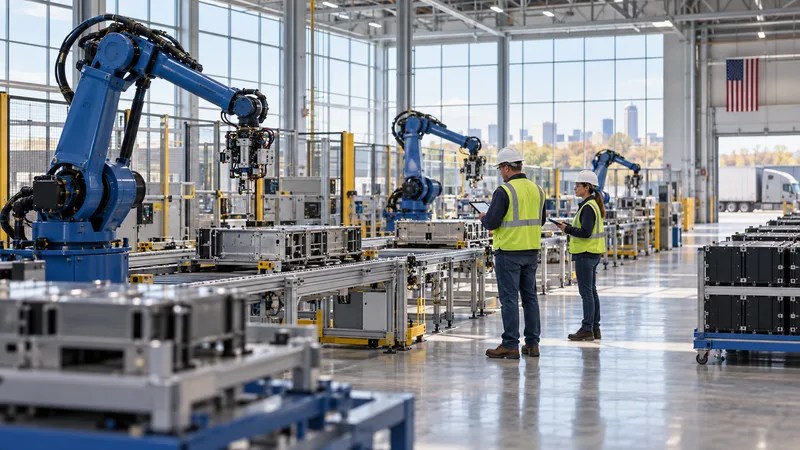 Two workers examine robotic manufacturing equipment on a bright factory floor.
