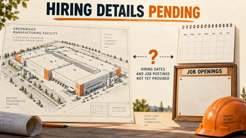 Concept illustration of a factory blueprint next to a blank calendar and empty job board under HIRING DETAILS PENDING.