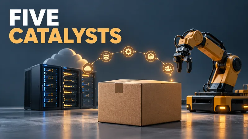 Editorial illustration linking an online parcel, cloud servers and a warehouse robot to five analyst-cited Amazon catalysts.