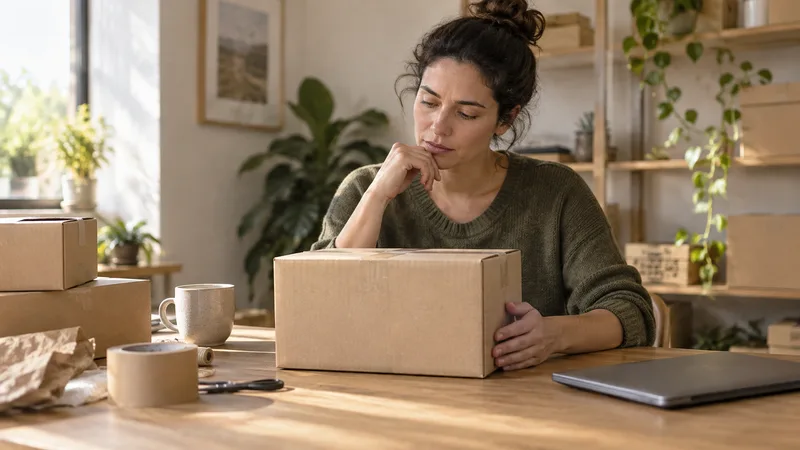 An independent seller considers an unmarked parcel at a small packing table, with no company branding.