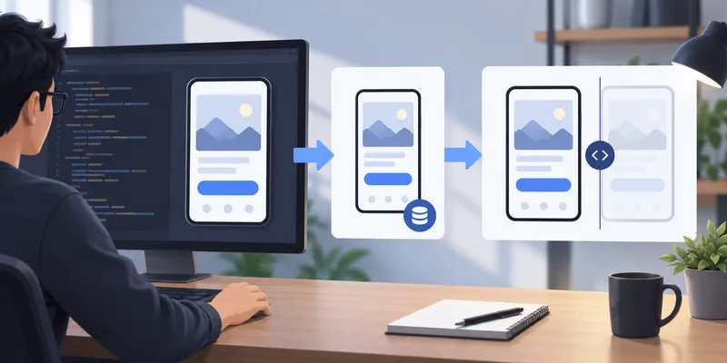 A developer's screen shows a generic app preview flowing into an approved baseline and a side-by-side screenshot comparison.