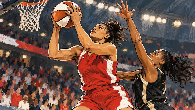 A generic forward in red and white secures a rebound during a women’s basketball Finals game.