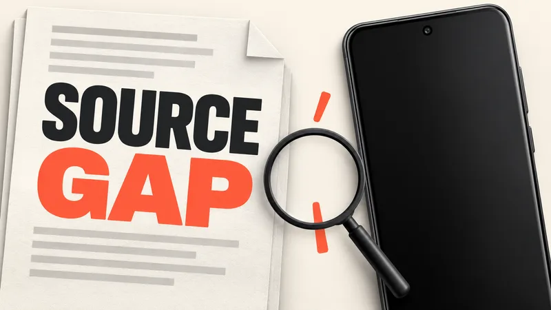 Concept illustration of a public-source document and an unbranded mobile device separated by a small gap and a magnifier.