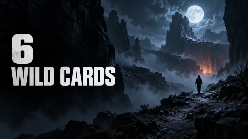 Concept illustration of a lone figure walking through a foggy, moonlit canyon beneath the words 6 WILD CARDS.