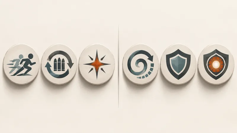 Six neutral ability icons in two groups: movement and handling motifs on the left, with recharge and shield motifs on the right.