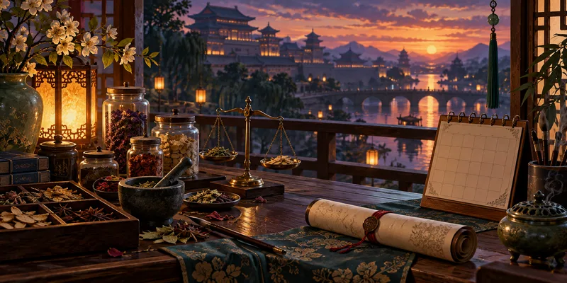 An unlabeled apothecary desk with herb jars and a blank calendar overlooks a palace waterway at dusk.