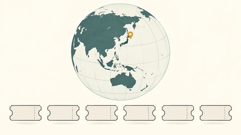 Concept diagram: a globe centered on Asia with one amber marker near Japan and blank ticket stubs below, representing announced Japan dates and international dates not announced.