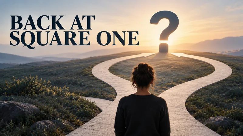 Concept illustration: a branching path returning to a question mark beneath the words Back at Square One.