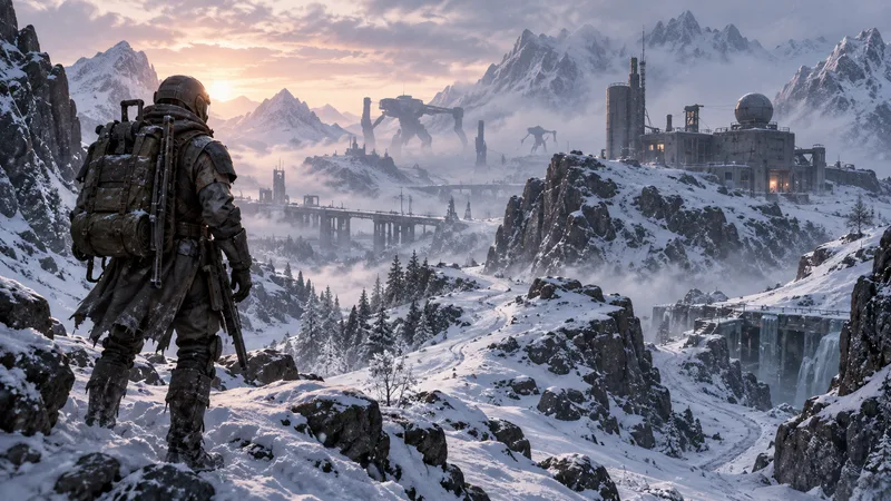 An armored scavenger faces a snowy mountain route and remote industrial outpost.