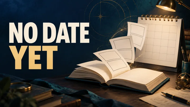 A plain open book lifts blank storyboard panels toward an empty calendar beside the large words “NO DATE YET.”