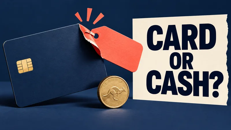 Concept illustration of a generic payment card with a peeling fee tag and a coin beside the words “CARD OR CASH?”