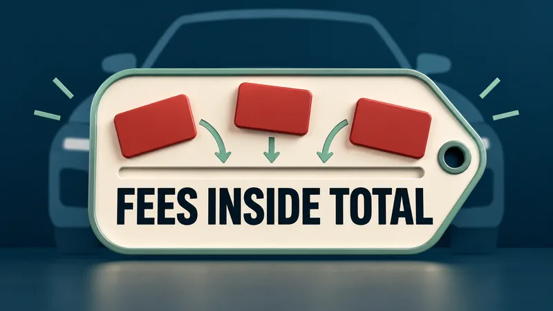 Three unnumbered red fee tiles move into one large ivory total panel over a blurred generic car silhouette, beneath the words FEES INSIDE TOTAL.