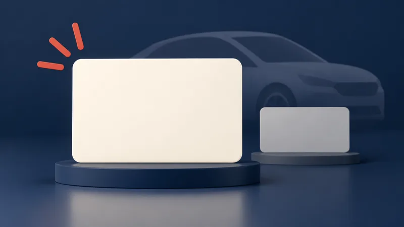 A large blank ivory price panel stands in front of a smaller gray comparison panel beside a generic dark car silhouette.