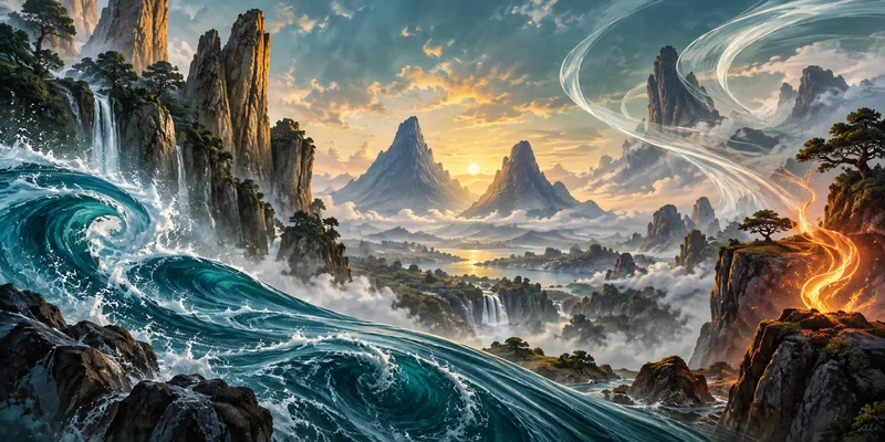 Water, stone, wind and fire converge across an abstract mountain landscape at sunrise.