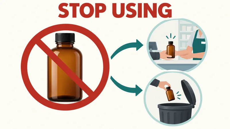 Concept illustration of a closed bottle marked STOP USING, with separate routes for returning it or discarding it.