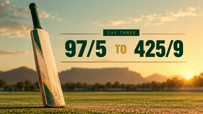 Concept illustration: a cricket bat beside a score strip reading 97/5 TO 425/9 and a DAY THREE label.