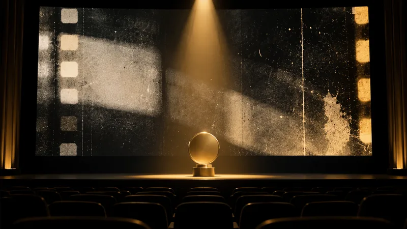 Concept illustration of a cinema screen and award silhouette under a spotlight.