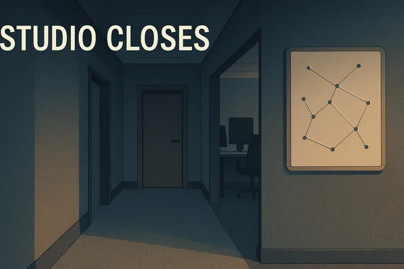 An empty game studio hallway with a closed door and the hook STUDIO CLOSES.