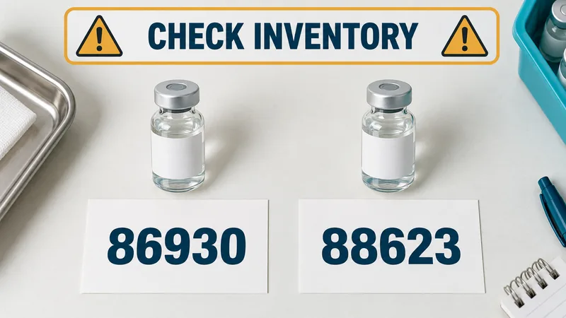 Two unmarked concept vials above separate large identifier cards 86930 and 88623 under CHECK INVENTORY.