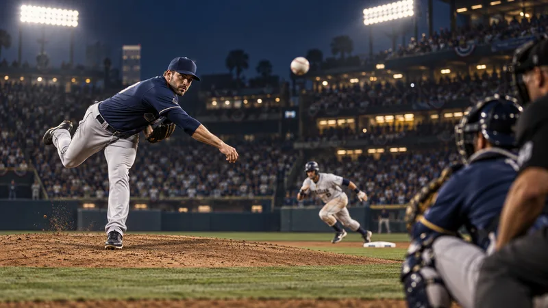 An anonymous relief pitcher delivers a ball in a night baseball stadium.