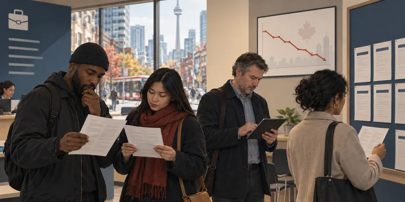 Conceptual image of several job seekers reviewing paper listings beside a descending employment chart.