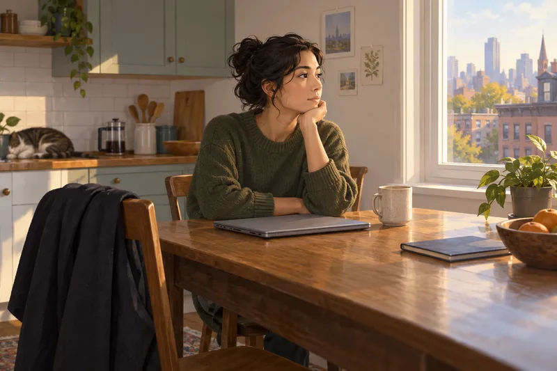 A young adult pauses at a kitchen table beside a closed laptop and coat, in a quiet city home.