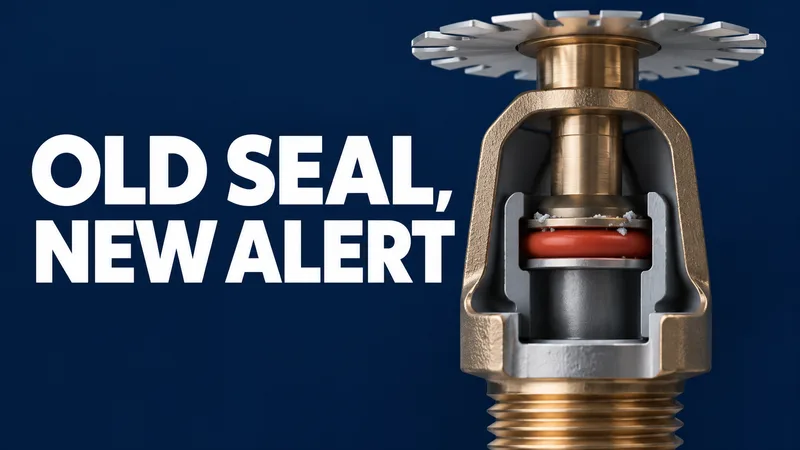 A generic sprinkler-head cutaway shows an intact red O-ring inside a metal assembly beneath the words OLD SEAL, NEW ALERT.
