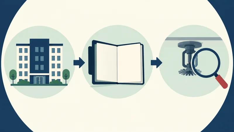 A three-stage concept diagram connects a generic building, a blank maintenance-record folder and a magnifier beside an unmarked sprinkler head.