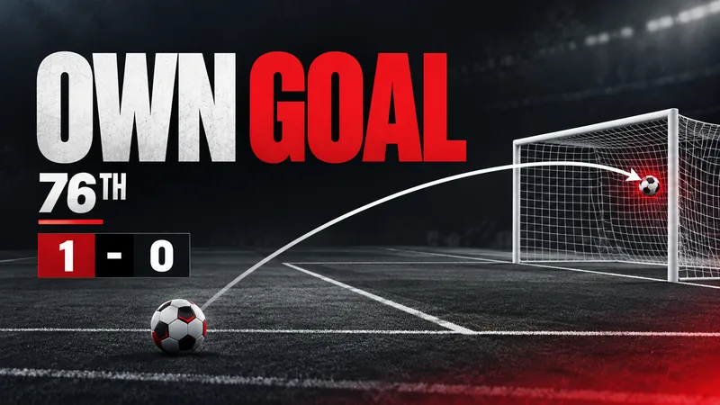 Concept illustration: football beside a goal outline, with OWN GOAL 76TH and a 1-0 score.