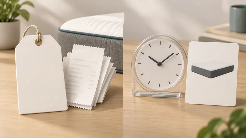 A blank mattress price tag and sales receipts sit beside an unnumbered clock and a blank product card.
