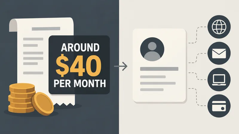A generic receipt and coin stack show “AROUND $40 PER MONTH” beside a blank account card and neutral network, email, device and payment icons.