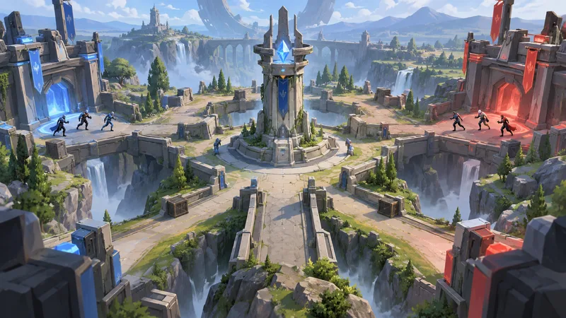 Illustrative top-down arena with two small teams contesting a central tower between castle-like bases.