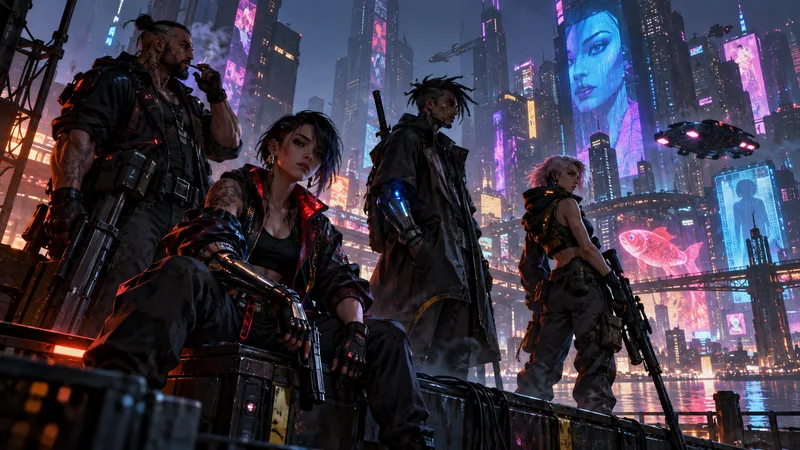 Concept illustration of a new mercenary crew in a neon-lit city.