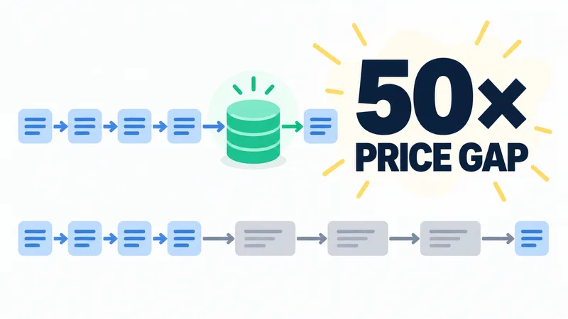 Repeated blank prompt blocks pass through a generic cache symbol beside the large words “50× PRICE GAP.”