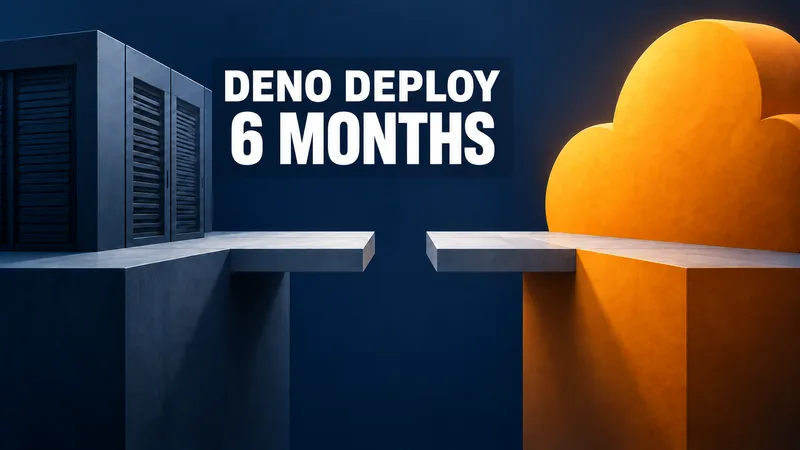 Concept illustration with white DENO DEPLOY and 6 MONTHS text, showing a dark-blue server and bright orange cloud across an intact bridge gap to symbolize the announced future migration window.