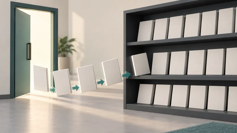 Blank media cards move through a one-way entrance into a library shelf, with no outgoing path.