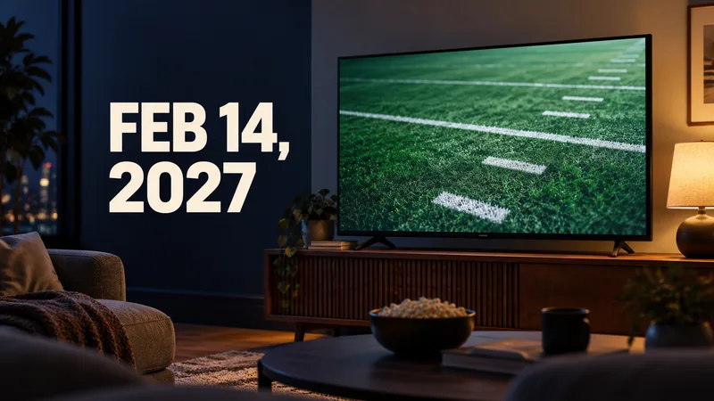 A generic television displays an abstract football field beside the date FEB 14, 2027.