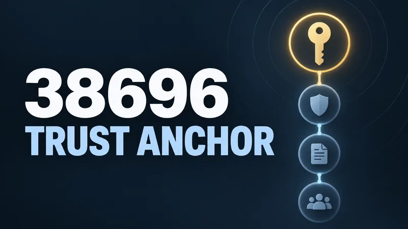 The large words “38696 TRUST ANCHOR” sit beside an abstract key symbol connected to three simple nodes.
