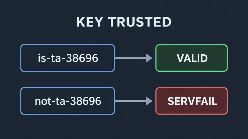 A two-row expected-response diagram headed KEY TRUSTED: is-ta-38696 leads to VALID; not-ta-38696 leads to SERVFAIL.