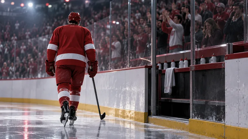 An anonymous hockey forward skates past a blurred crowd in a red-and-white arena.