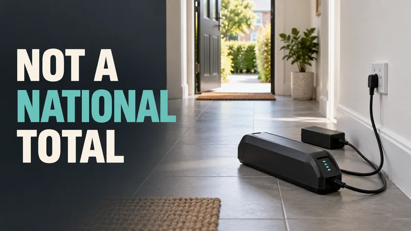 An unbranded e-bike battery and charger sit on a clear hallway floor beside an open exit, beneath the words NOT A NATIONAL TOTAL.