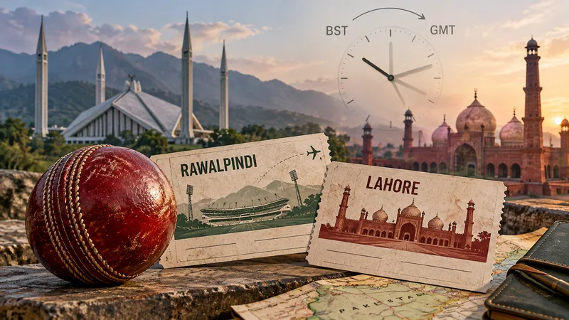 Cricket itinerary concept with a ball, Rawalpindi and Lahore fixture cards, and a BST/GMT clock.