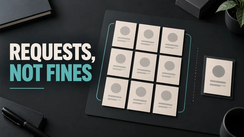 Nine generic cards sit together beside one separate blank file under the words REQUESTS, NOT FINES.
