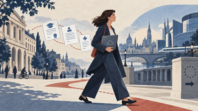 An editorial illustration of a worker carrying digital employment documents between European cities.