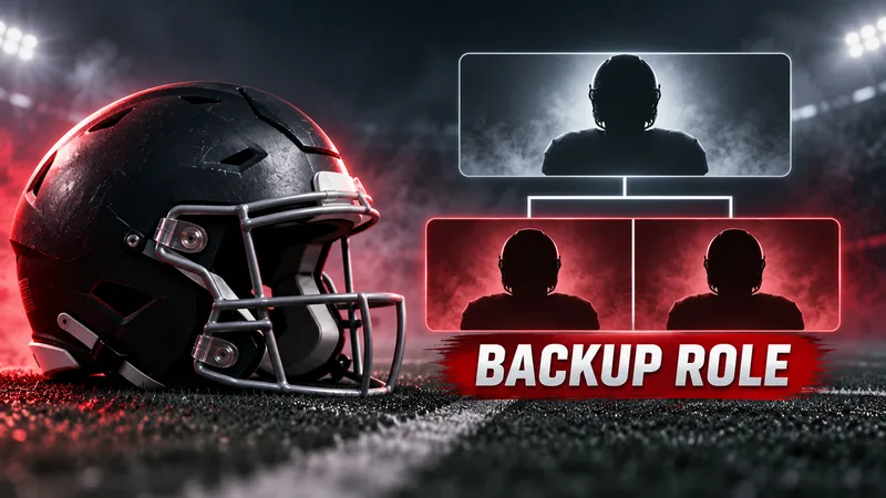Concept illustration: generic football helmet beside an unnumbered quarterback depth chart marked BACKUP ROLE.