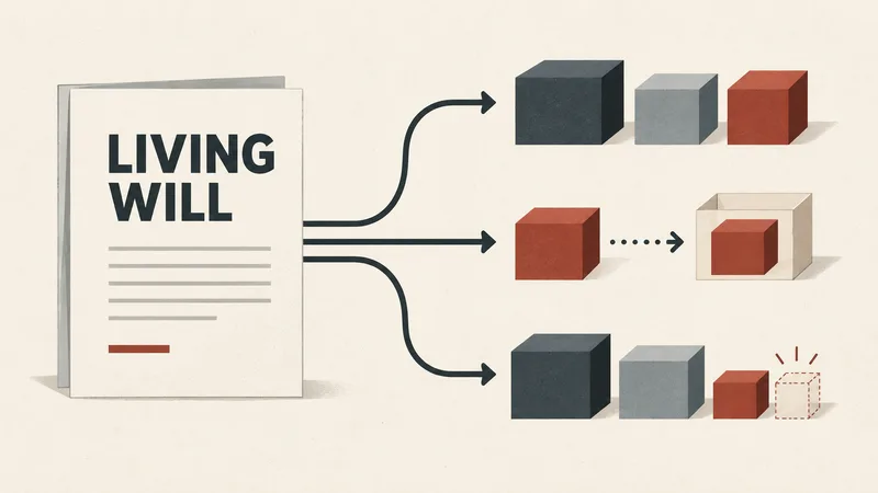 A generic plan document labeled “LIVING WILL” branches to three abstract organizational pathways.