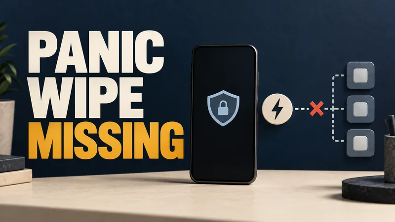 A generic locked phone with an intact shield sits beside a disconnected trigger-to-app-wipe path under PANIC WIPE MISSING.