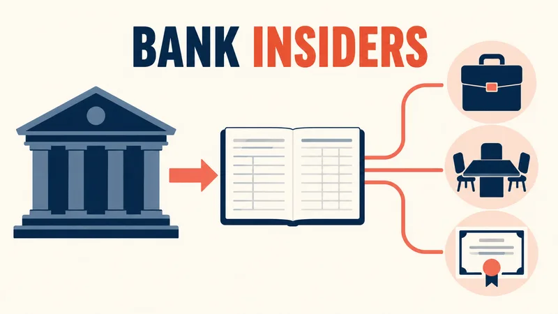 A conceptual bank-and-lending ledger connects to icons for an executive, board member and major shareholder under the words ‘BANK INSIDERS.’
